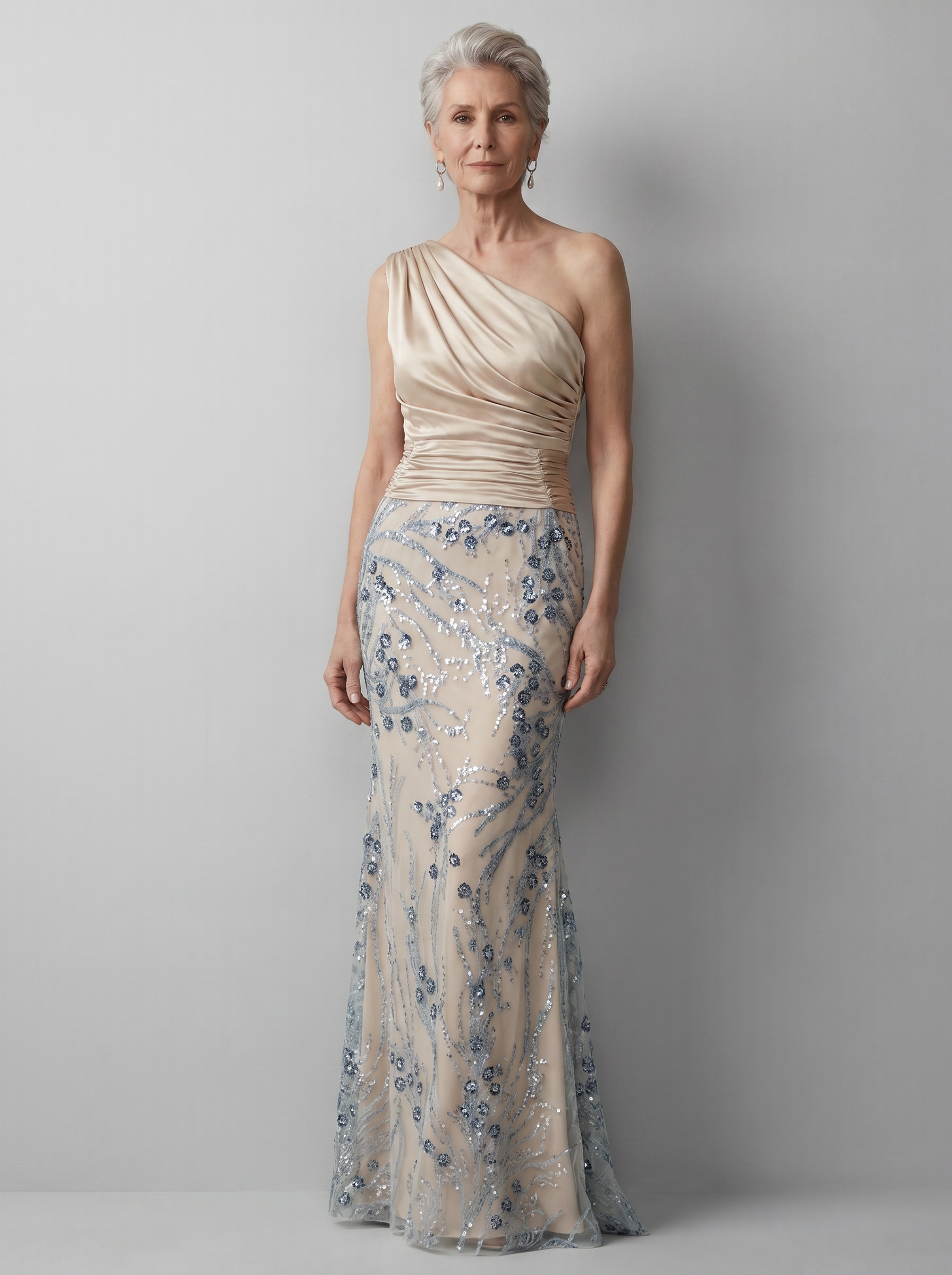 Champagne One-Shoulder Satin & Sequin Embellished Mermaid Gown
