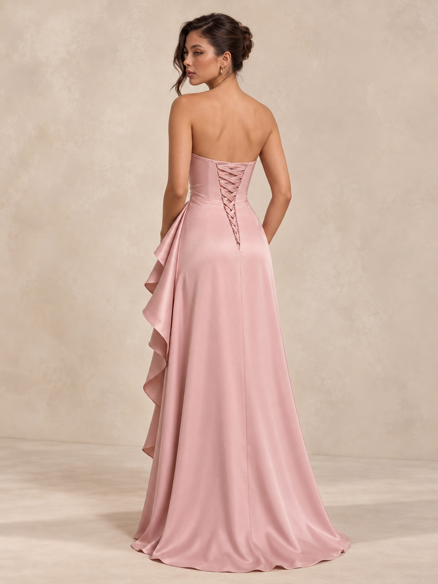 Satin Formal Evening Dress Strapless Ruffle Maxi Gown