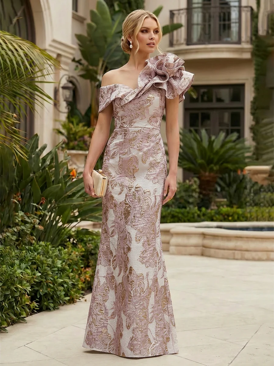 Sheath Floral Jacquard Off The Shoulder Maxi Dress
