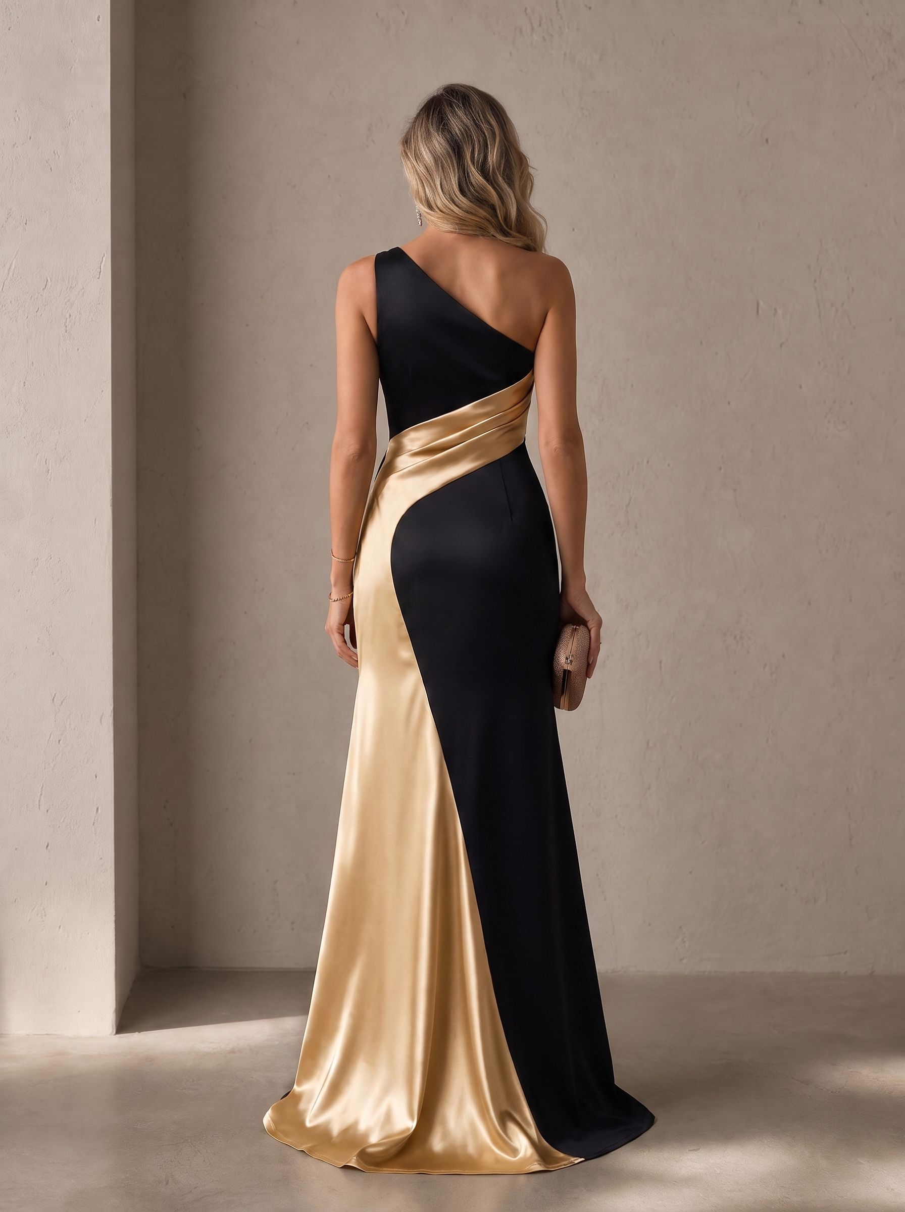 Black Gold Color Block One-Shoulder Satin Mermaid Gown