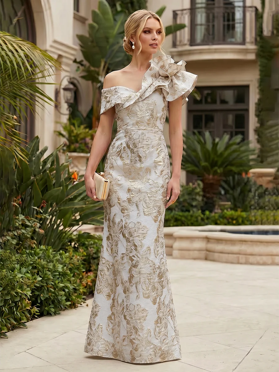 Sheath Floral Jacquard Off The Shoulder Maxi Dress