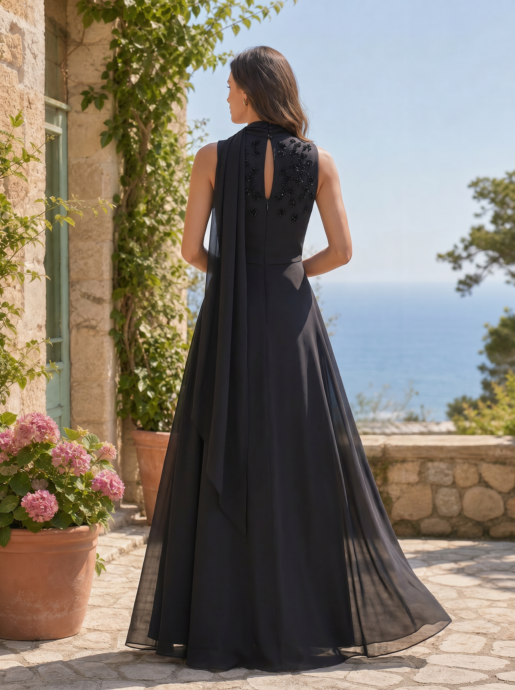 Black High Neck Sleeveless Beaded Chiffon Floor Length Gown