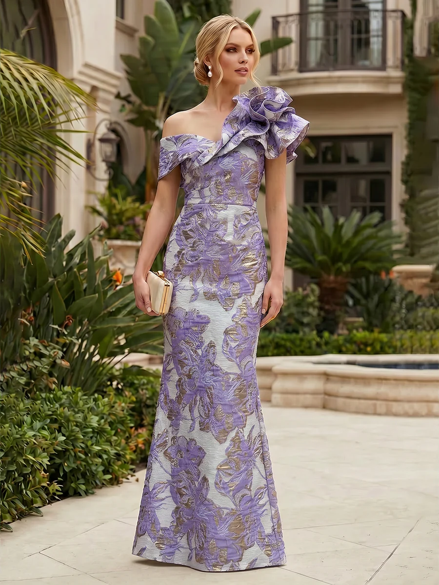 Sheath Floral Jacquard Off The Shoulder Maxi Dress