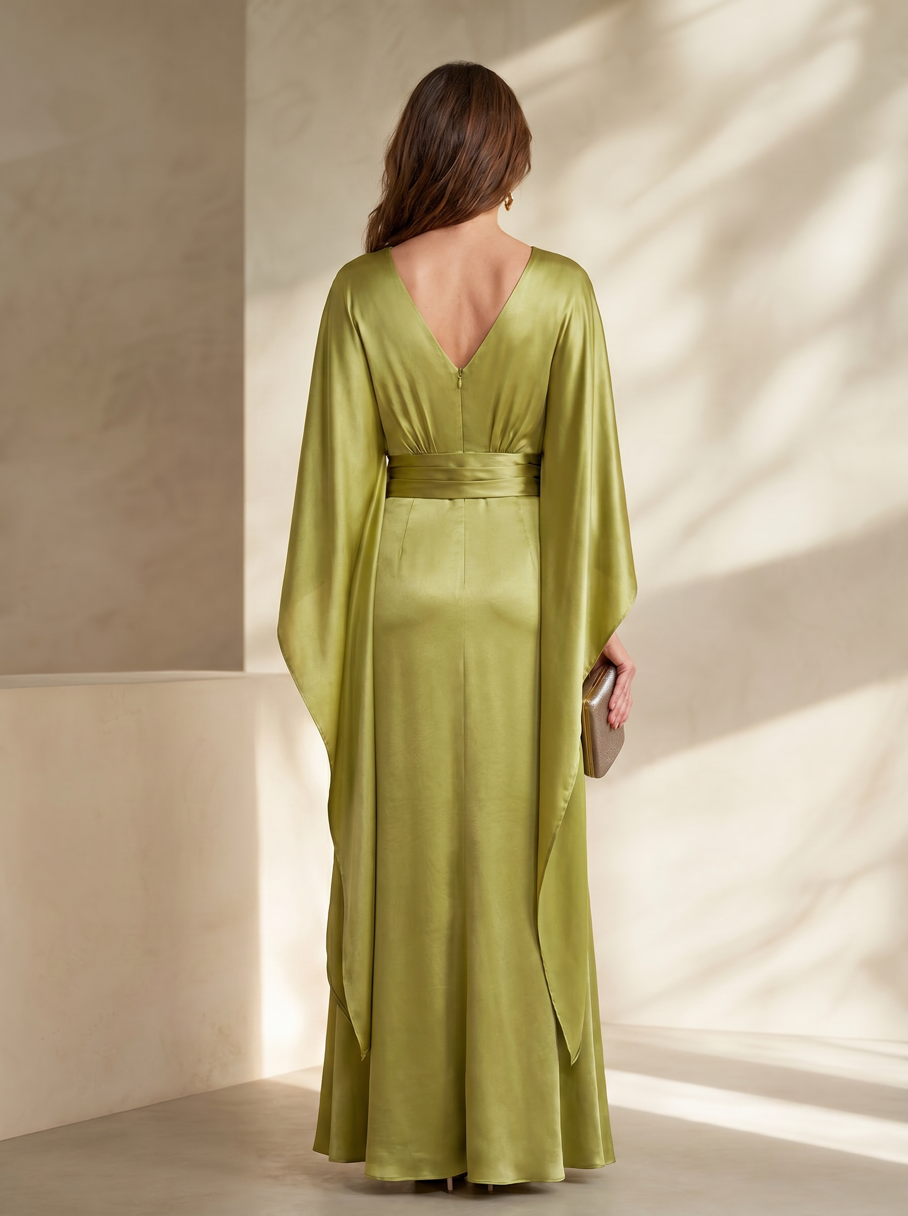Olive Green Satin Deep V Cape Sleeve Belted Mermaid Maxi Dress