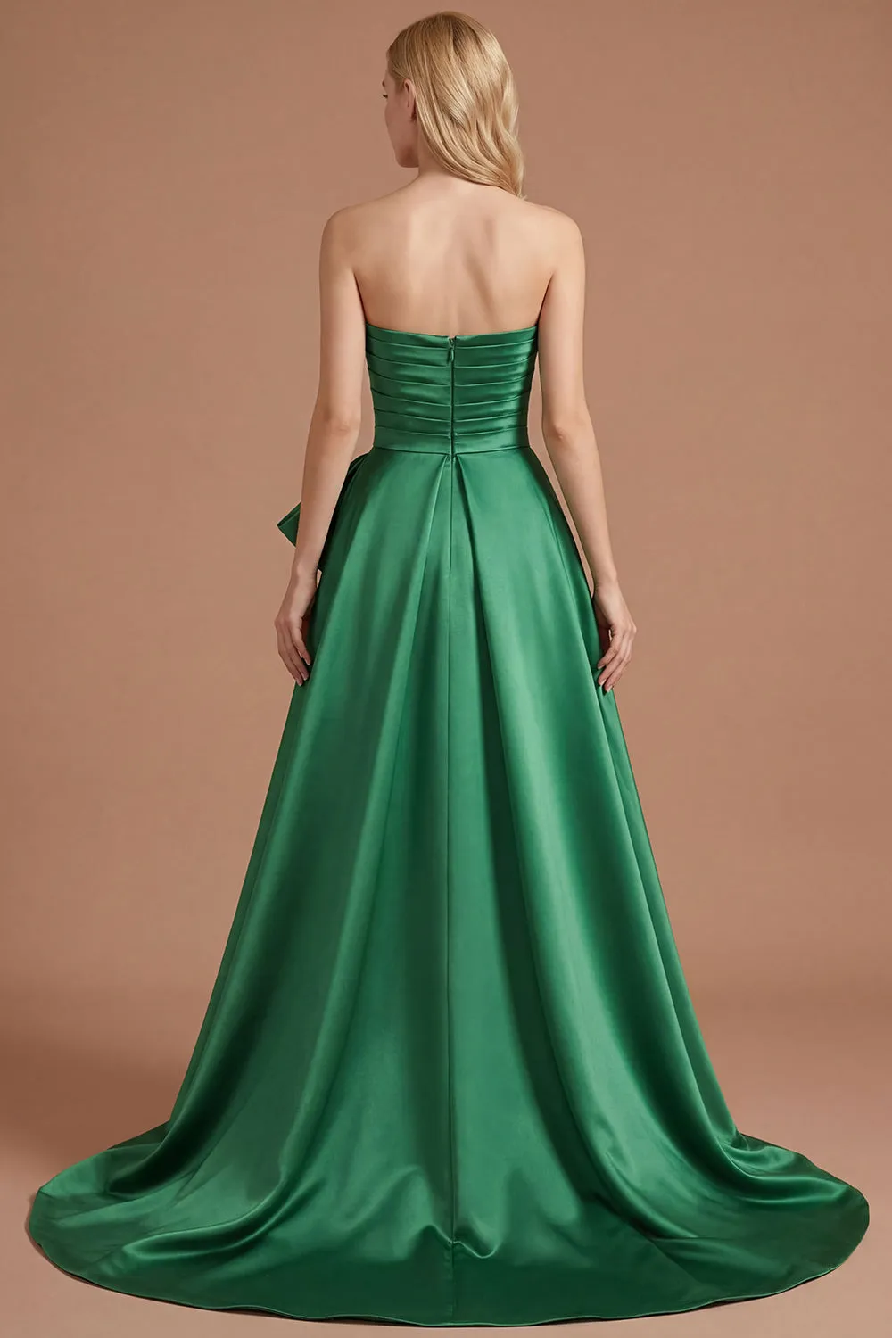 Dark Green A Line Ruched Strapless Long Prom Dress with Detachable Cape