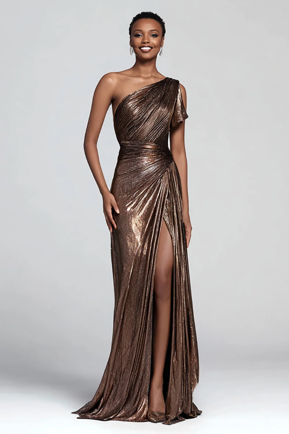 Bronze One-Shoulder Metallic Ruched Gown with High Slit