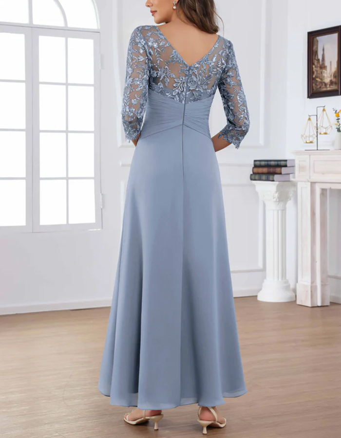 Lace Over Chiffon Illusion Neck Midi Dress