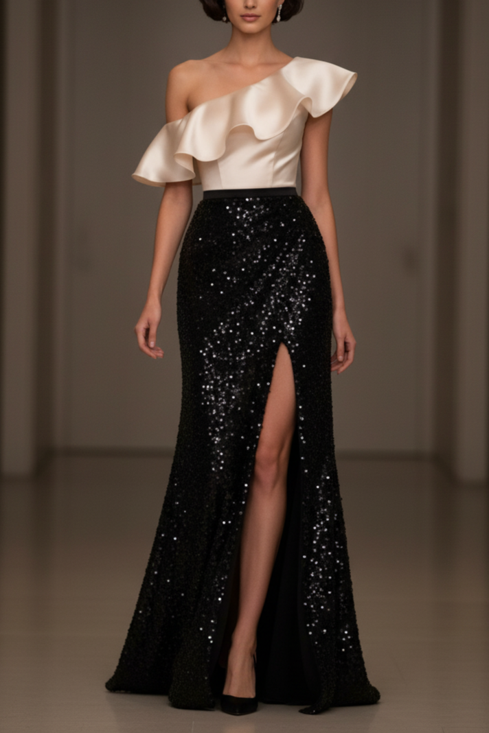 One-Shoulder Ruffle Bodice Sequin Mermaid Gown with Slit