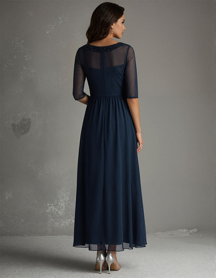 Navy Blue Mesh Sequined Waist Maxi Dress