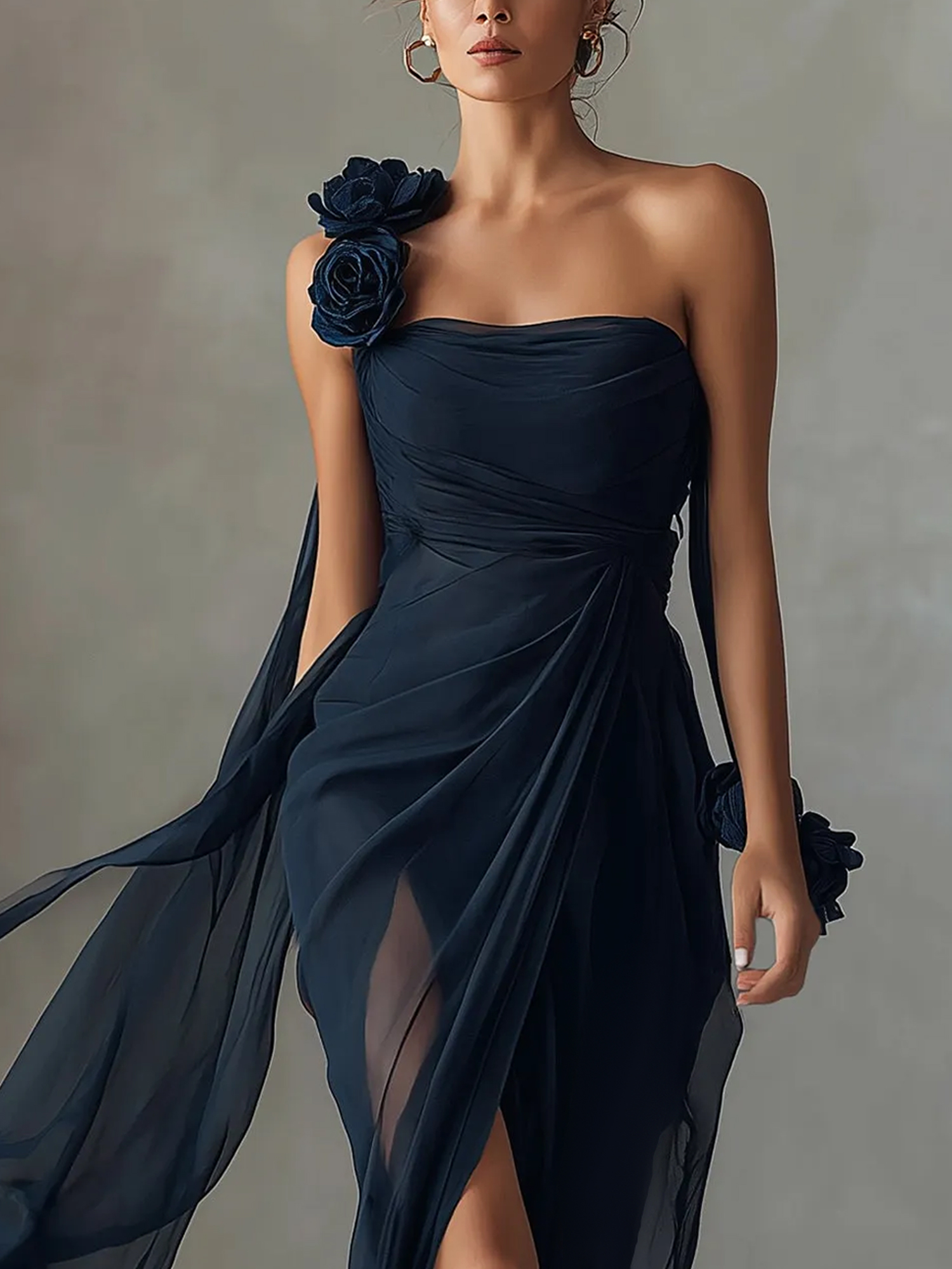 Navy Blue Asymmetric Chiffon Maxi Dress With Floral Accents