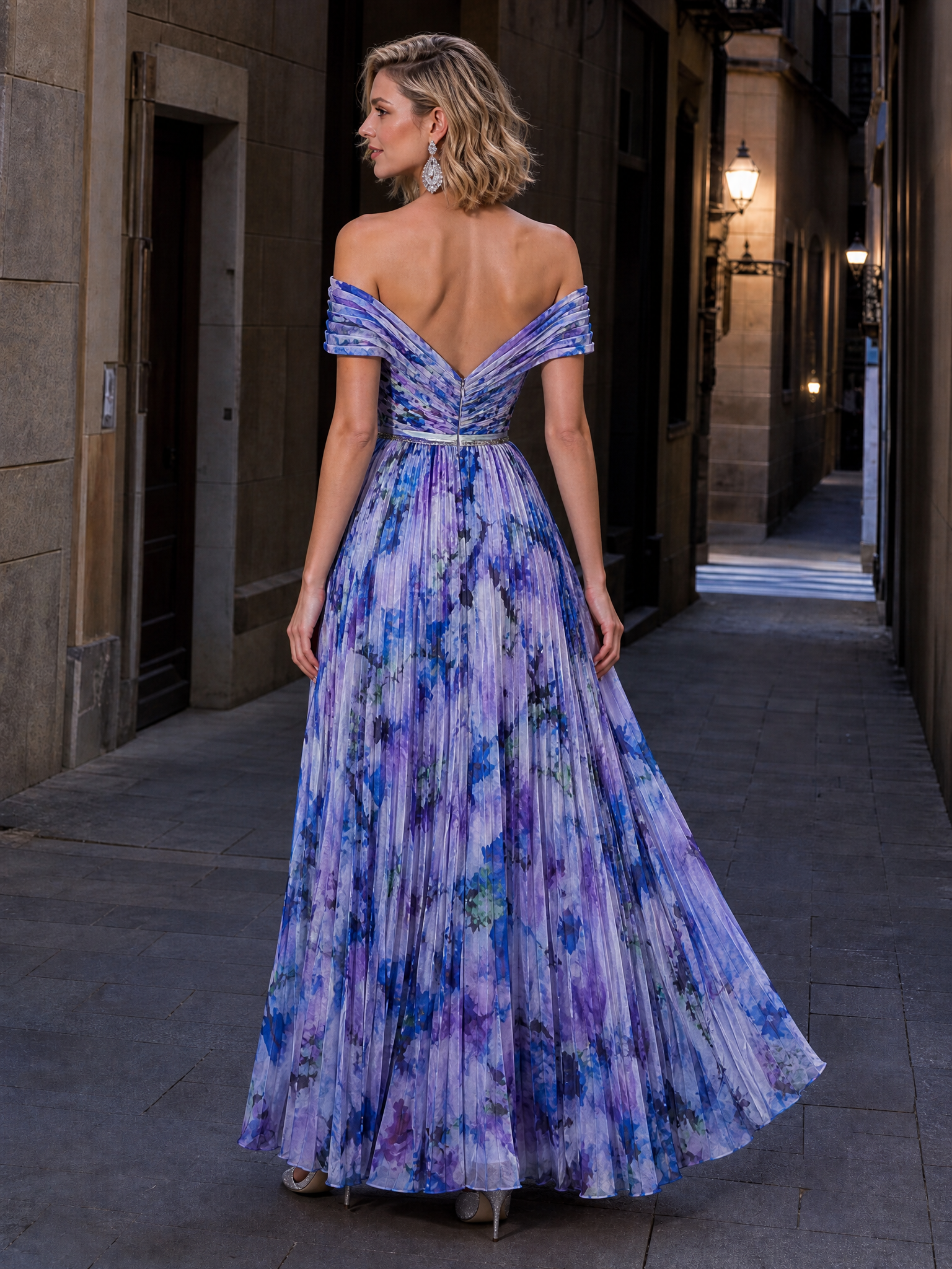 Off-the-Shoulder Pleated Floral Print Floor-Length Chiffon A-Line Gown