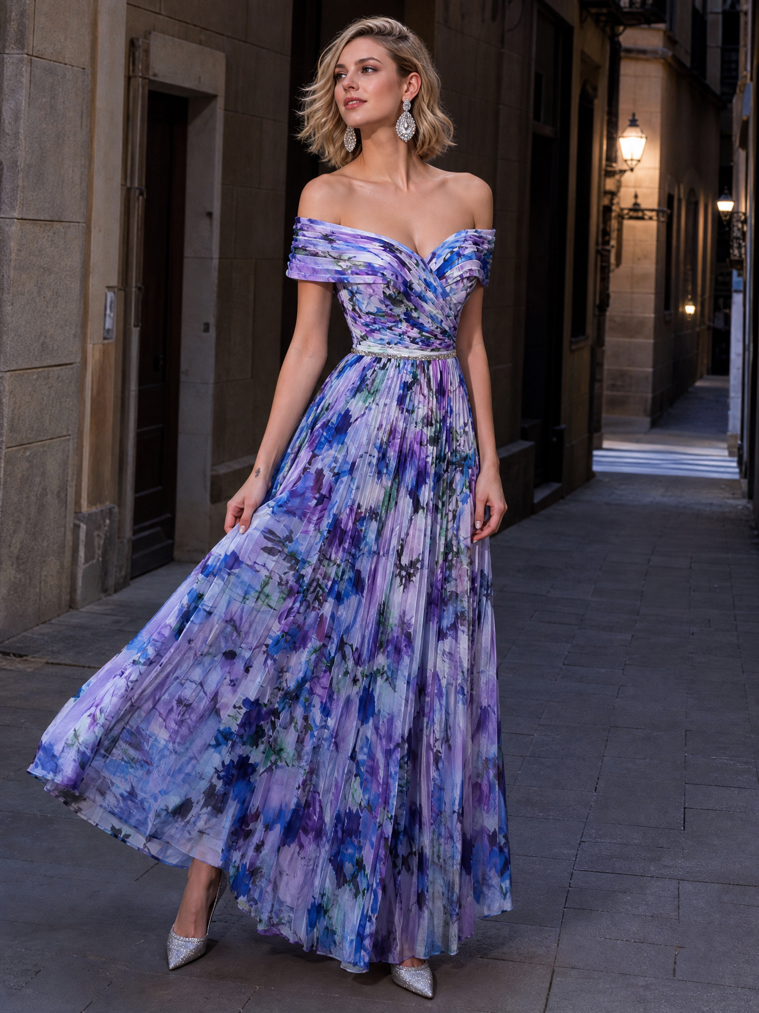Off-the-Shoulder Pleated Floral Print Floor-Length Chiffon A-Line Gown