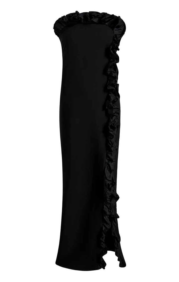 Black Strapless Ruffled Sheath Gown with High Slit Maxi Dress