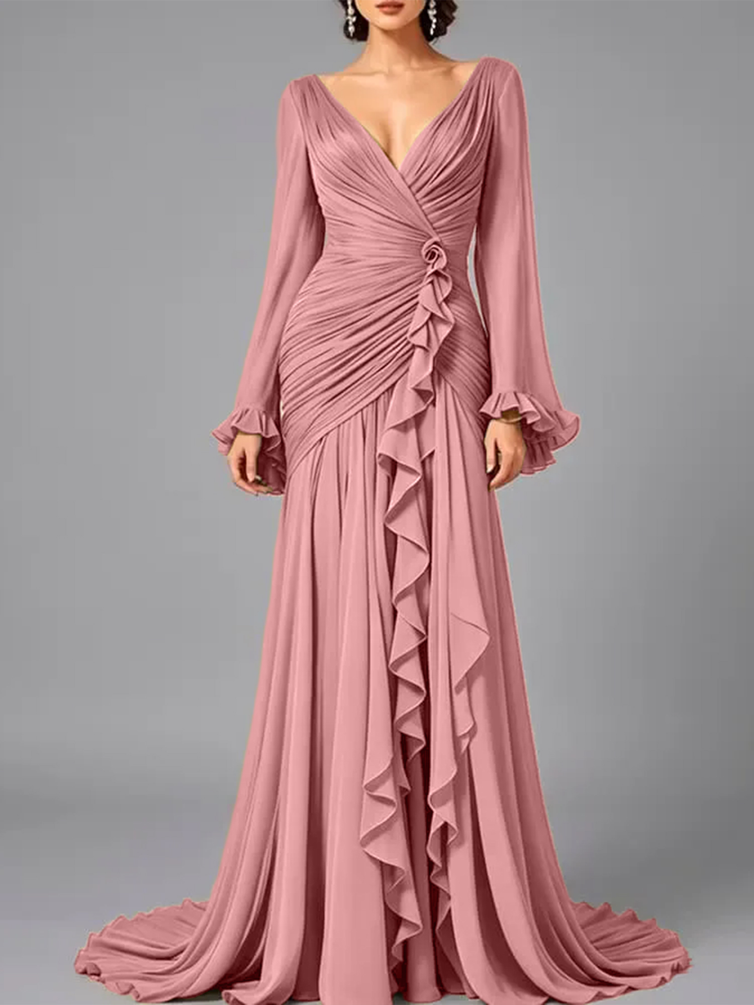 V-Neck Sheer Long Sleeve Ruffled Chiffon Dress