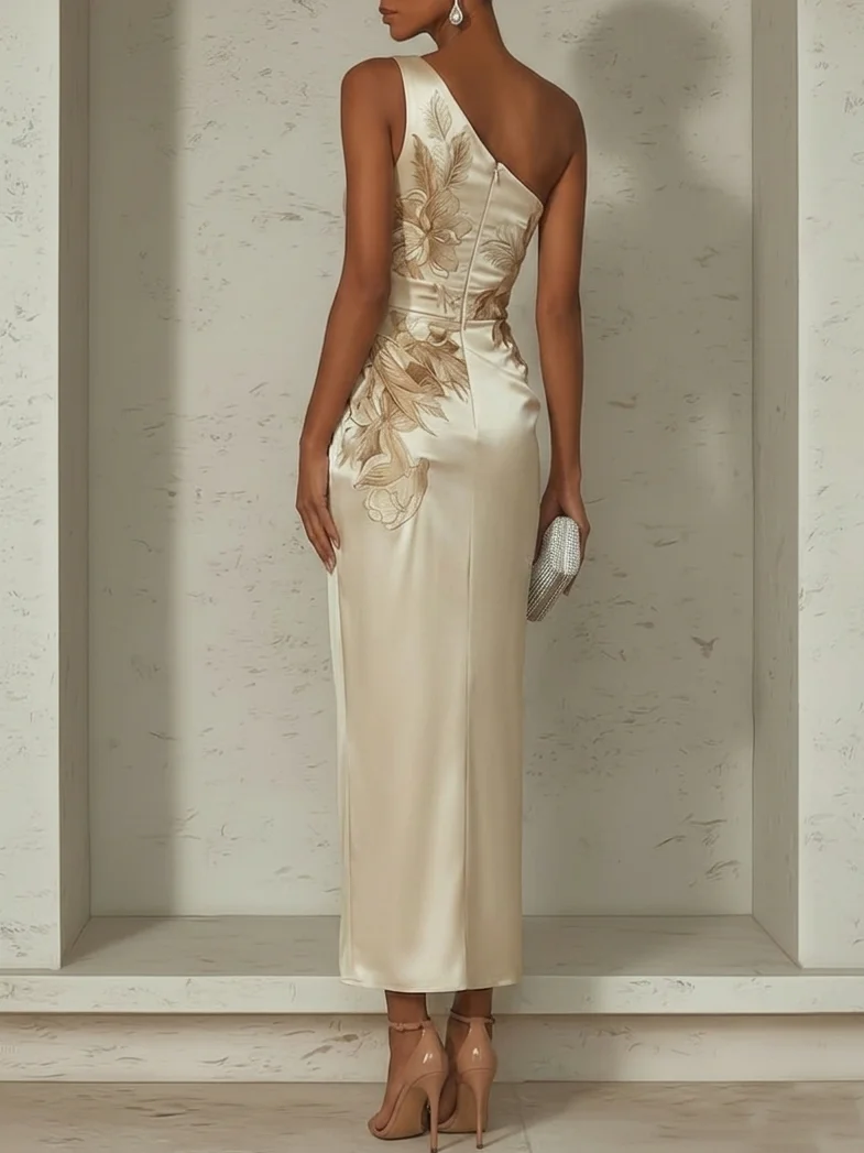 Champagne Floral Satin One Shoulder Sleeveless Sheath Maxi Dress