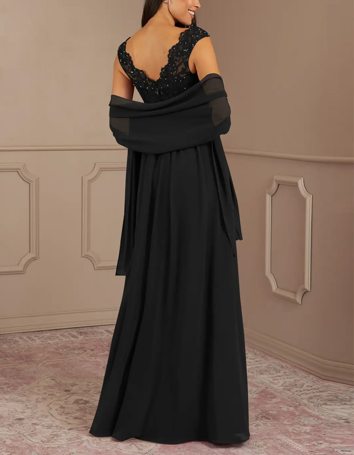 Black Sequined Chiffon A-Line V-Neck Maxi Dress