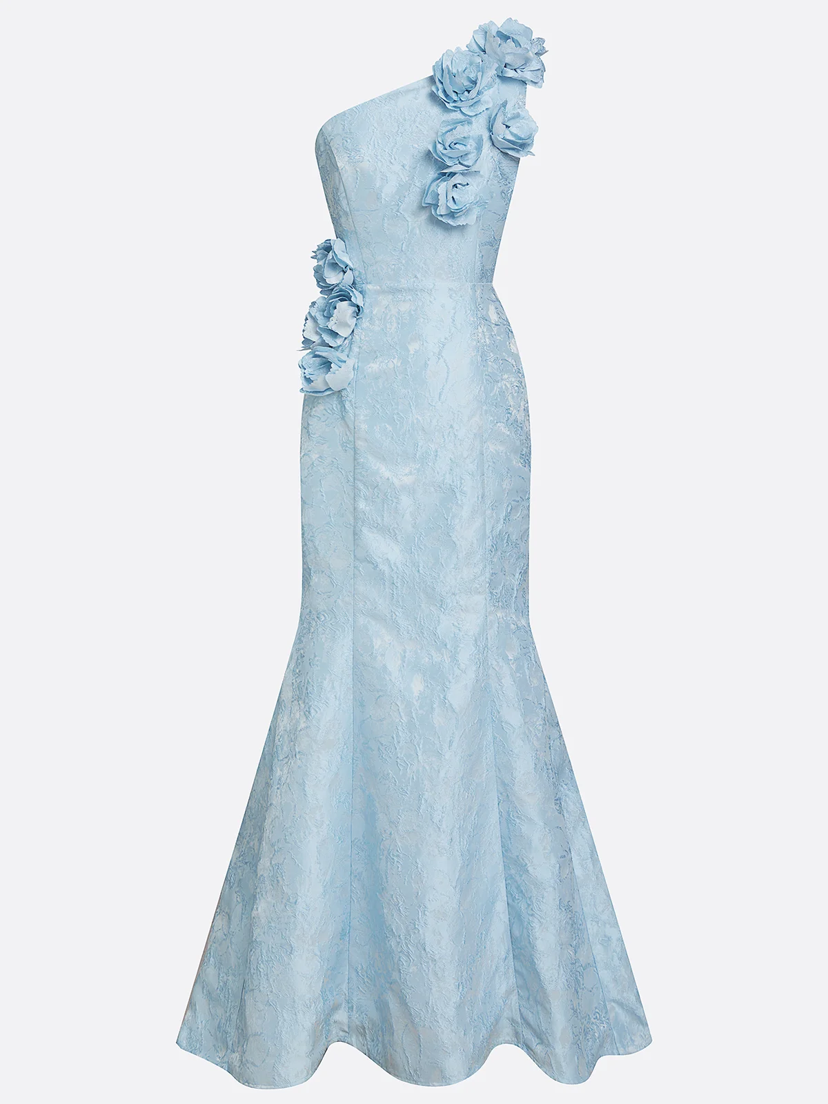 Light Blue 3D Floral Jacquard Classic One Shoulder Sleeveless Mermaid Gown Dress