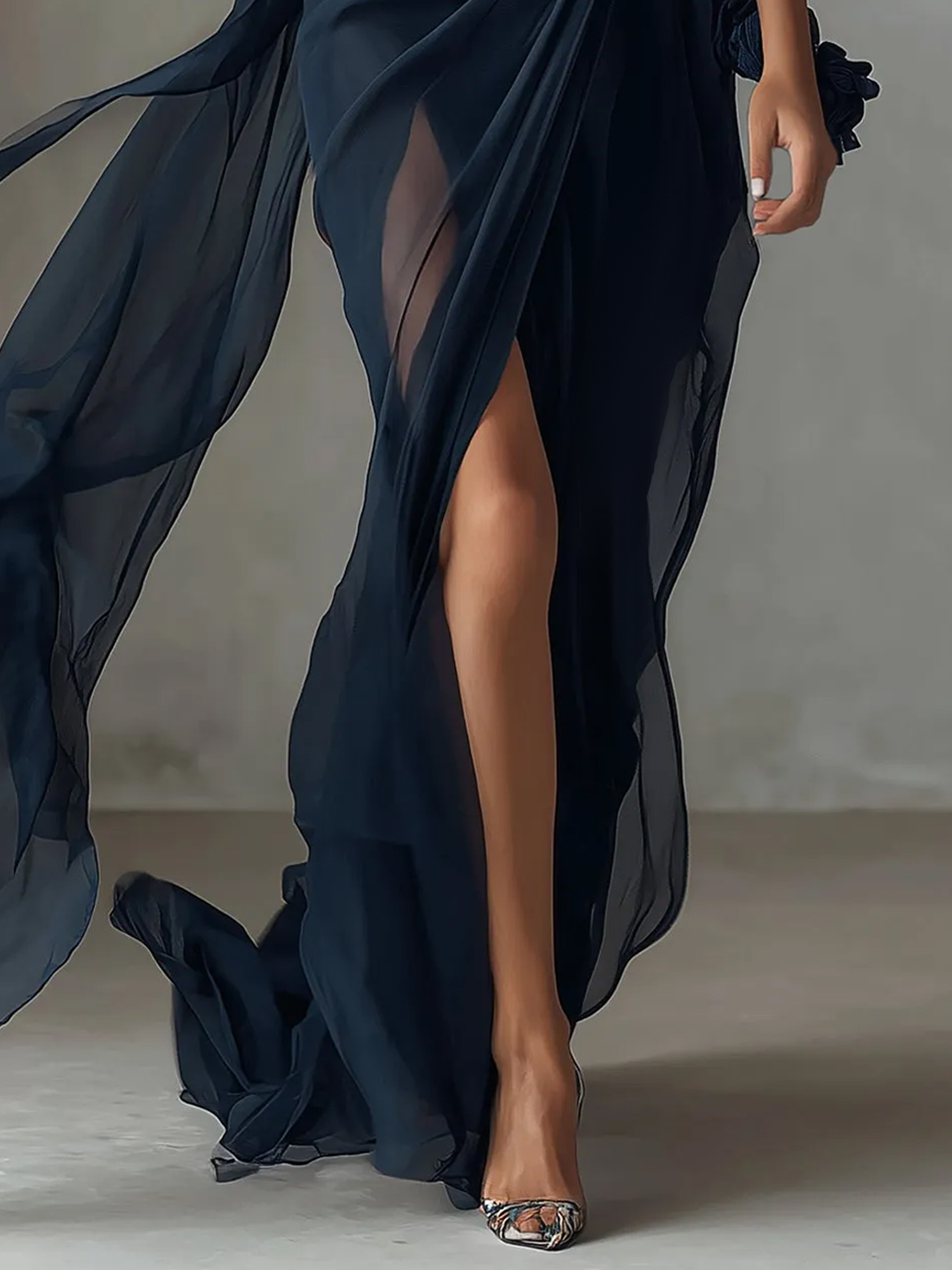 Navy Blue Asymmetric Chiffon Maxi Dress With Floral Accents