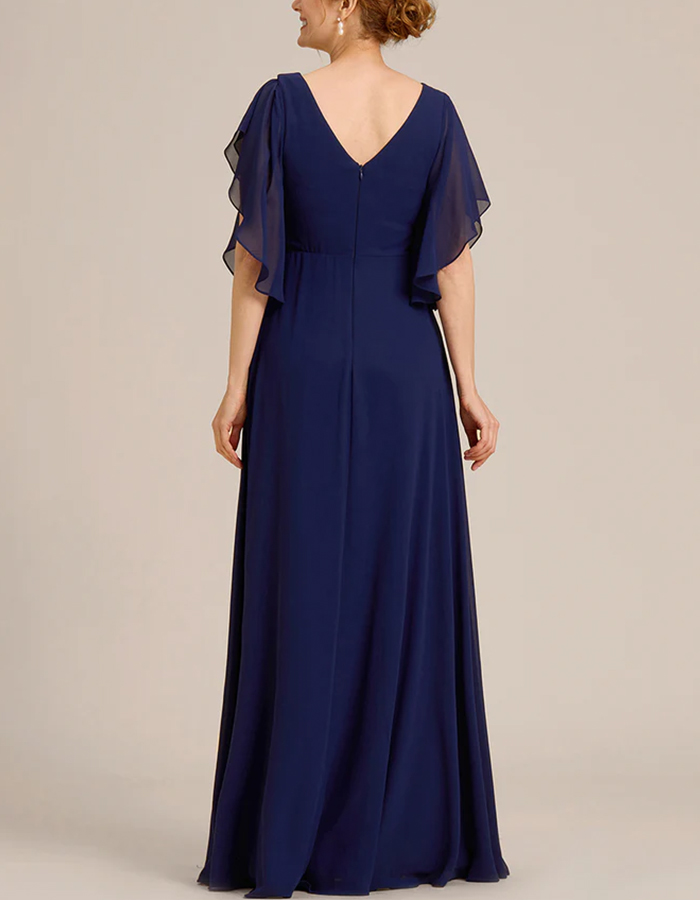 Navy Blue Chiffon V-Neck Flutter Sleeves Maxi Dress