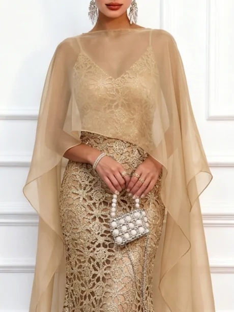 Champagne Lace Classic Boat Neck Cap Sleeve Mermaid Floor Length Dress