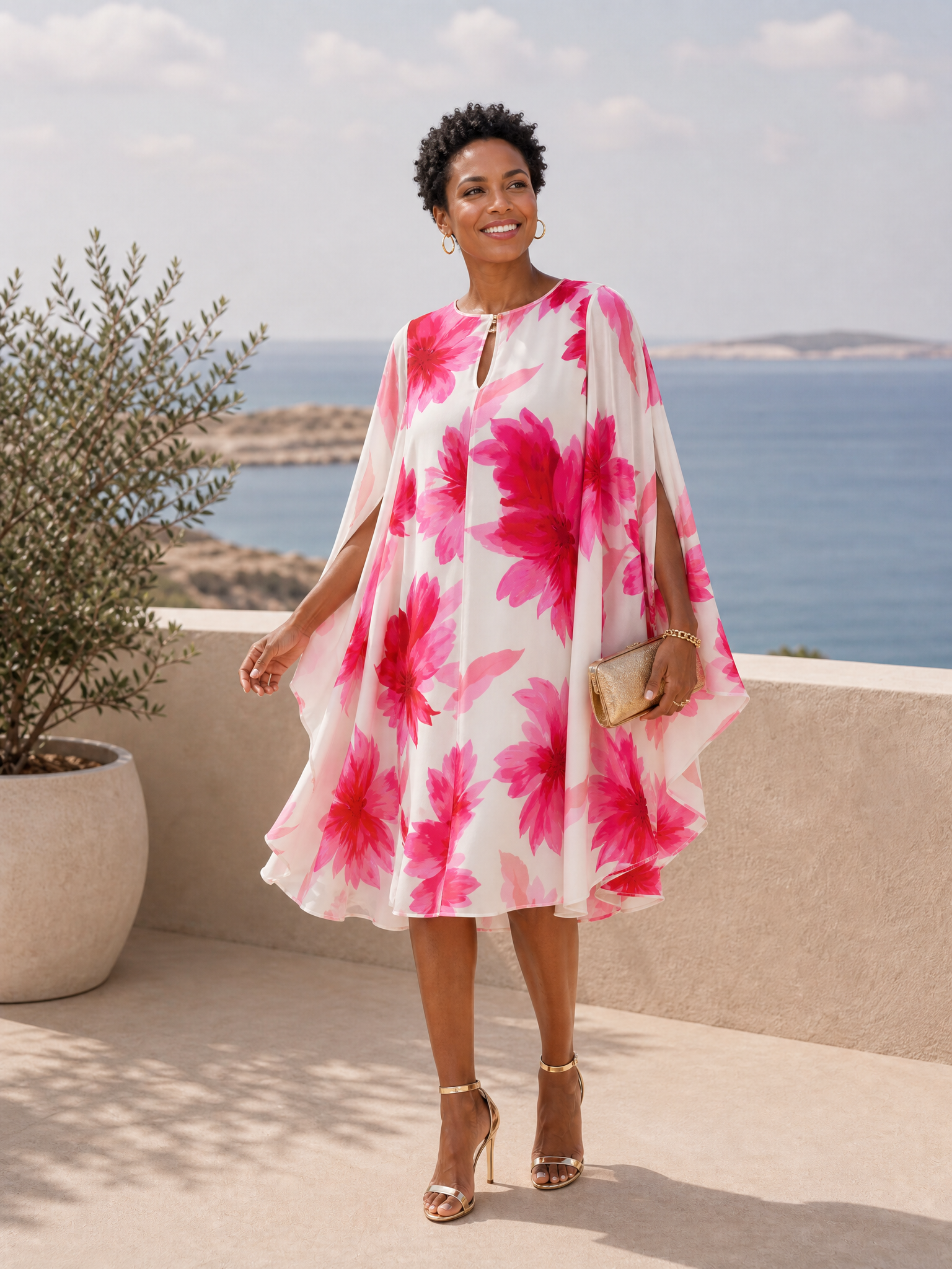 White Base Magenta Large Floral Print Cape Sleeve Loose Midi Dress