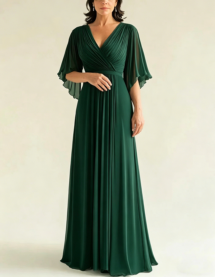Grey Green Chiffon V-Neck Flutter Sleeves Maxi Dress