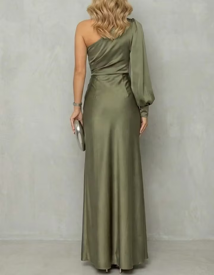 Satin One-Shoulder Hollow-Out Puff Sleeve Slit Maxi Dress