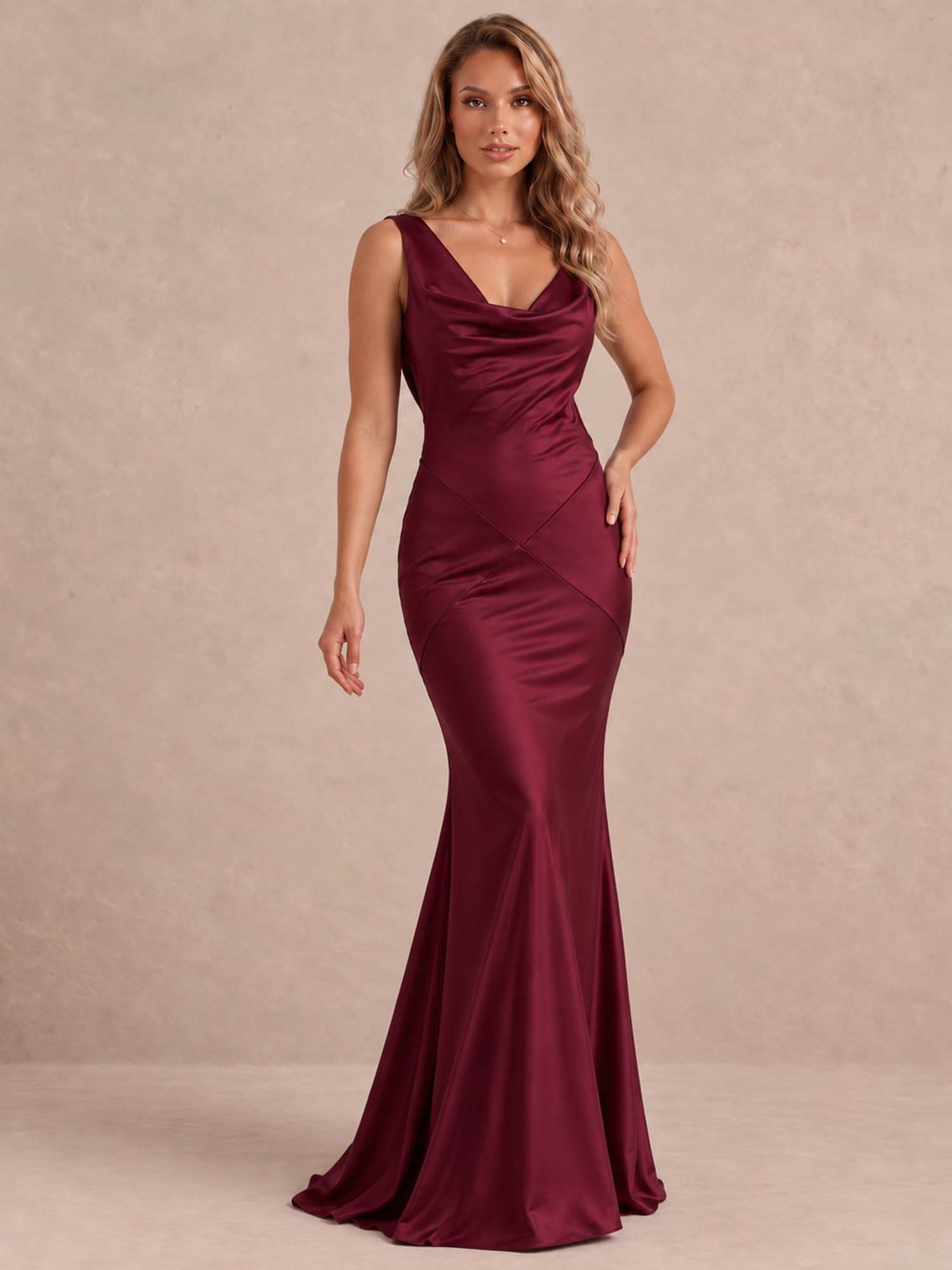Satin Draped Cowl Back Maxi Formal Dress 