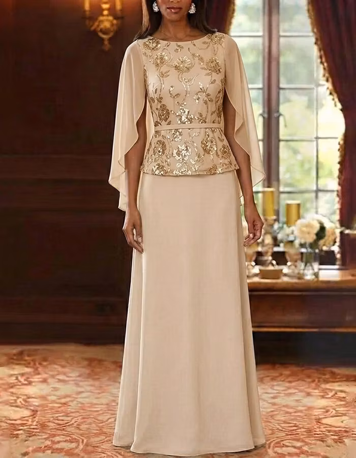 Champagne Cape Sleeve Gold Floral Sequin Peplum Chiffon Maxi Dress
