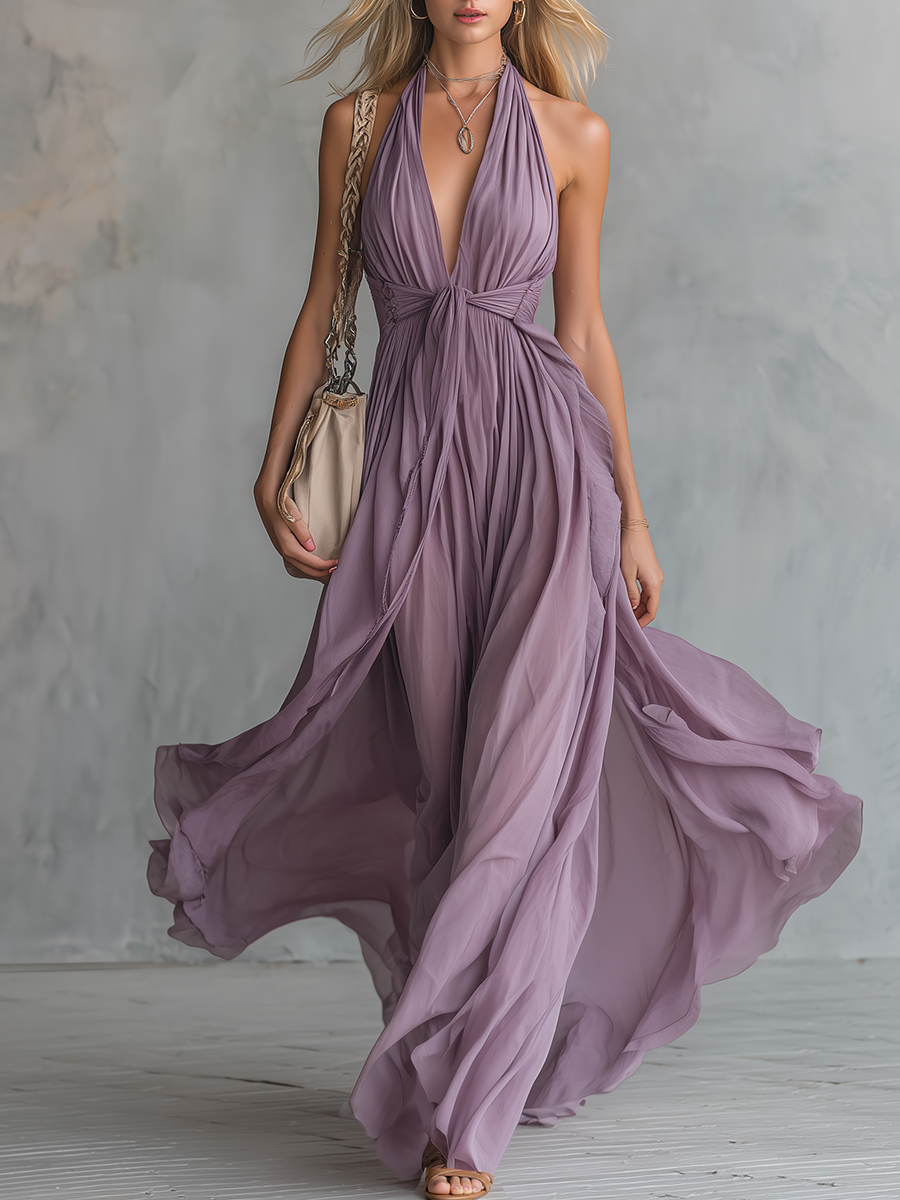 Elegant And Stylish Halter Neck V-neck Sleeveless Chiffon Maxi Dress