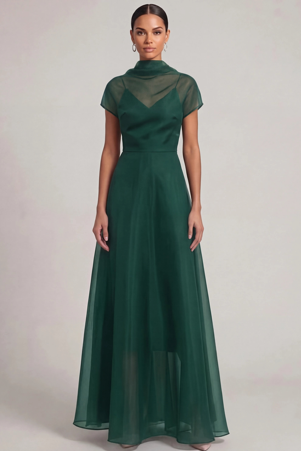 A-Line High Neck Illusion Short Sleeves Maxi Dress