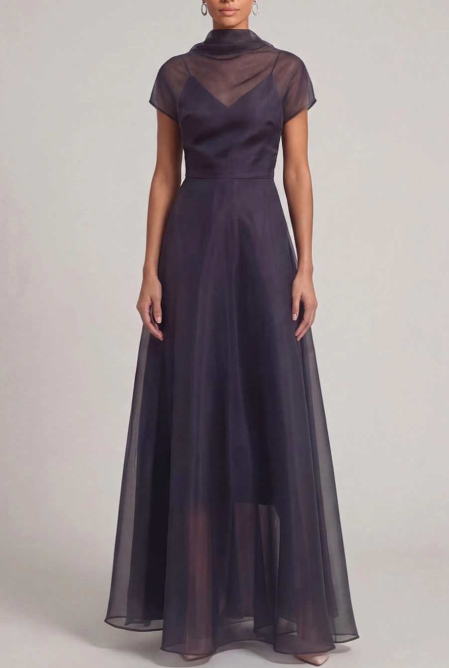 A-Line High Neck Illusion Short Sleeves Maxi Dress