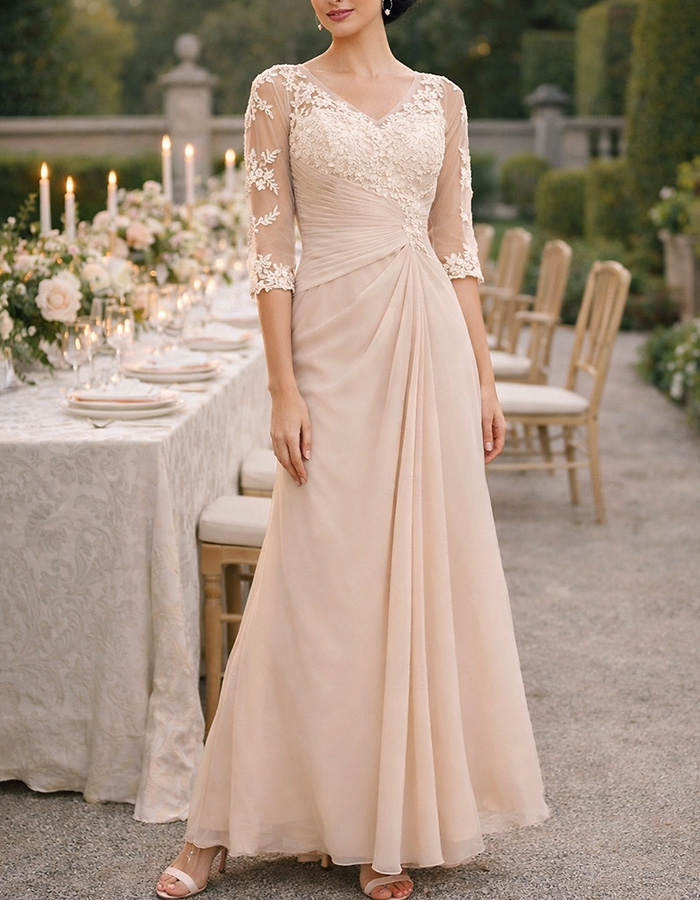 Champagne Lace Chiffon V-Neck Maxi Dress