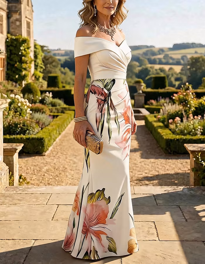 Cream Watercolor Floral Off-the-Shoulder Satin Mermaid Maxi Dress