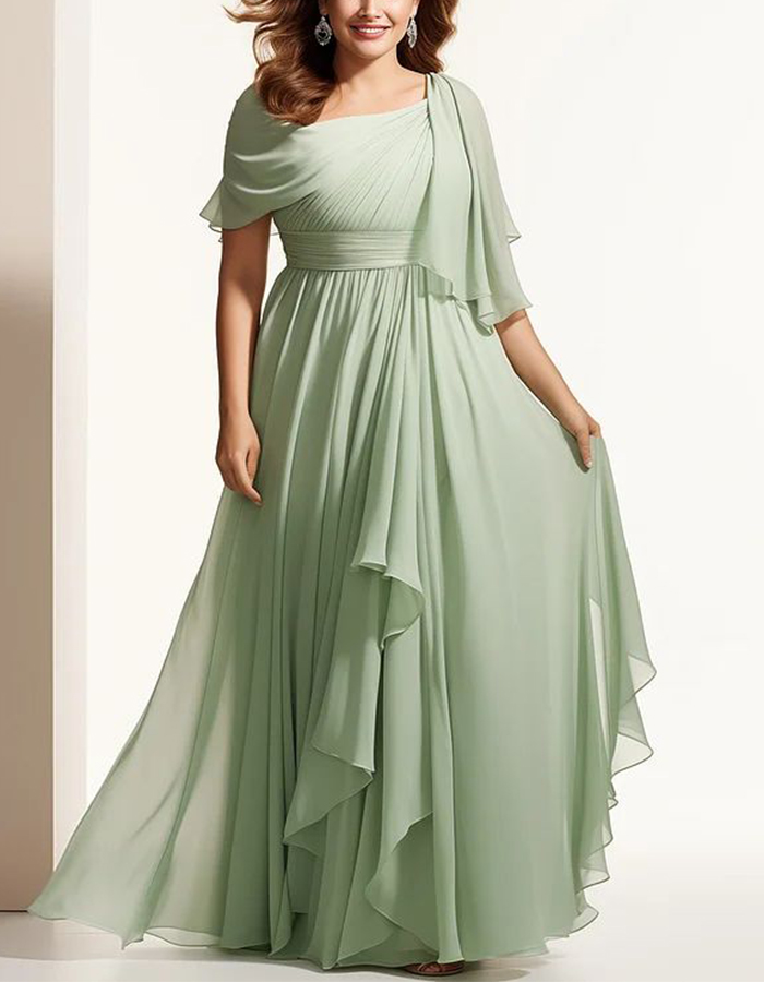 Sage Green Chiffon Asymmetrical Shawl Maxi Dress