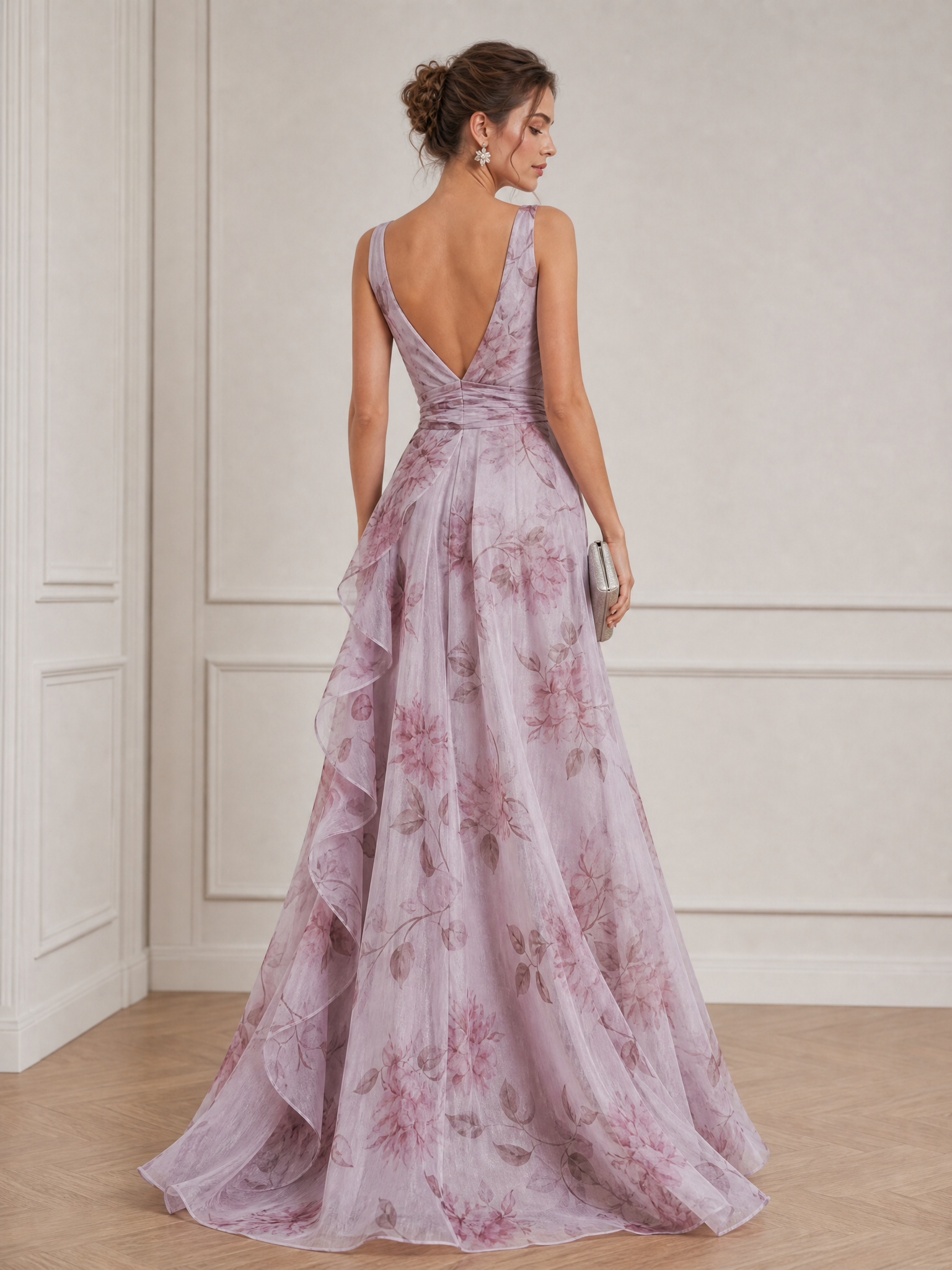 V-Neck Sleeveless Floral Print Floor-Length Chiffon A-Line Gown with Ruffle and Rosette Accent