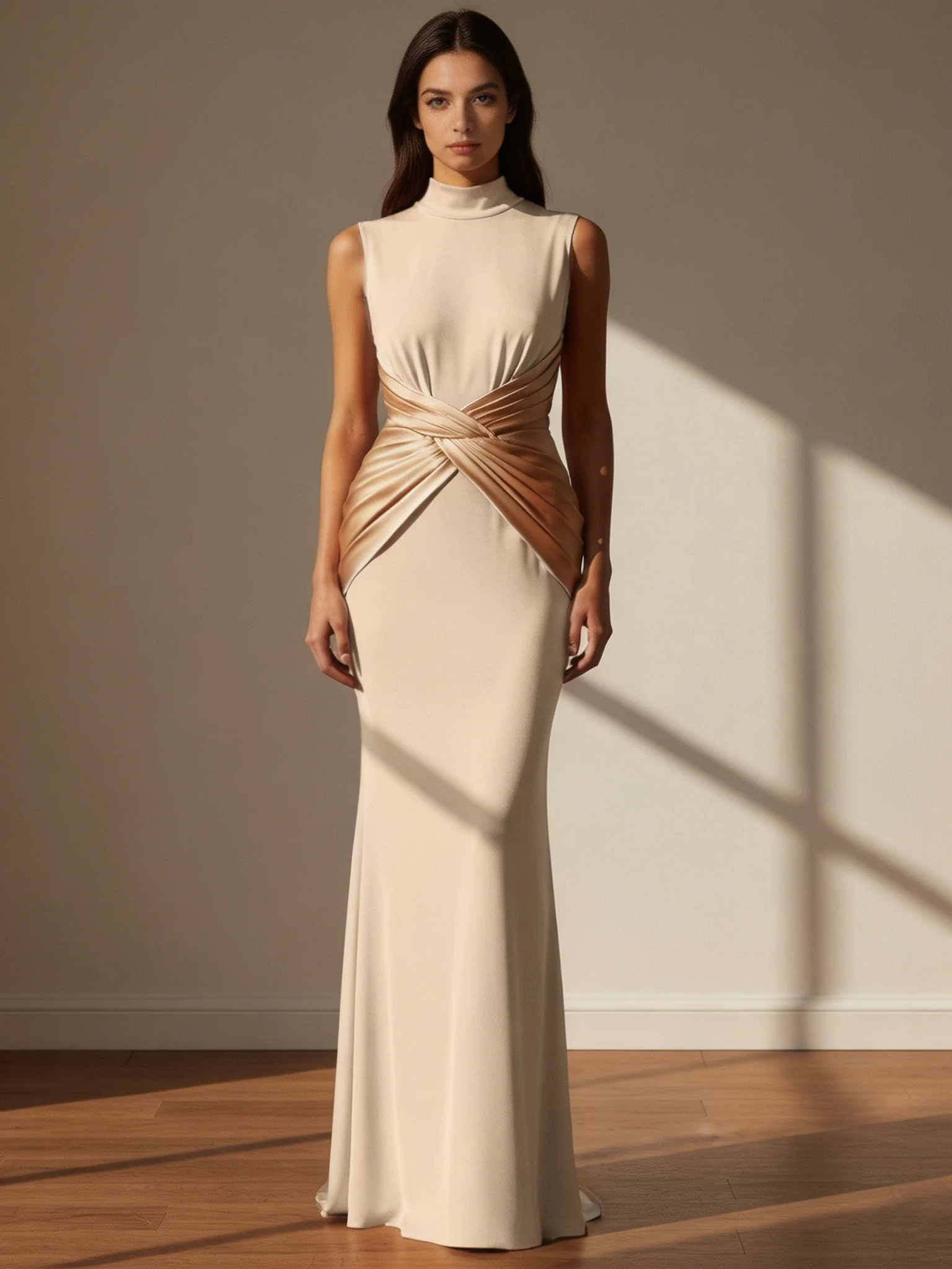 Off White Knit Mock Neck Sleeveless Mermaid Gown Dress