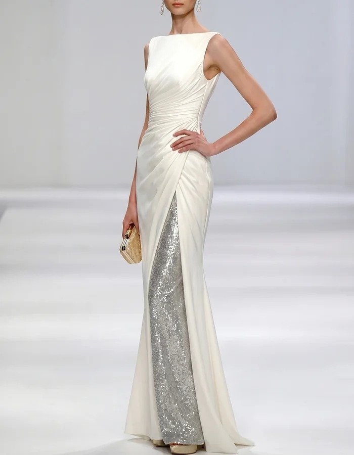 Ivory Satin Boat Neck Ruched Mermaid Maxi Dress