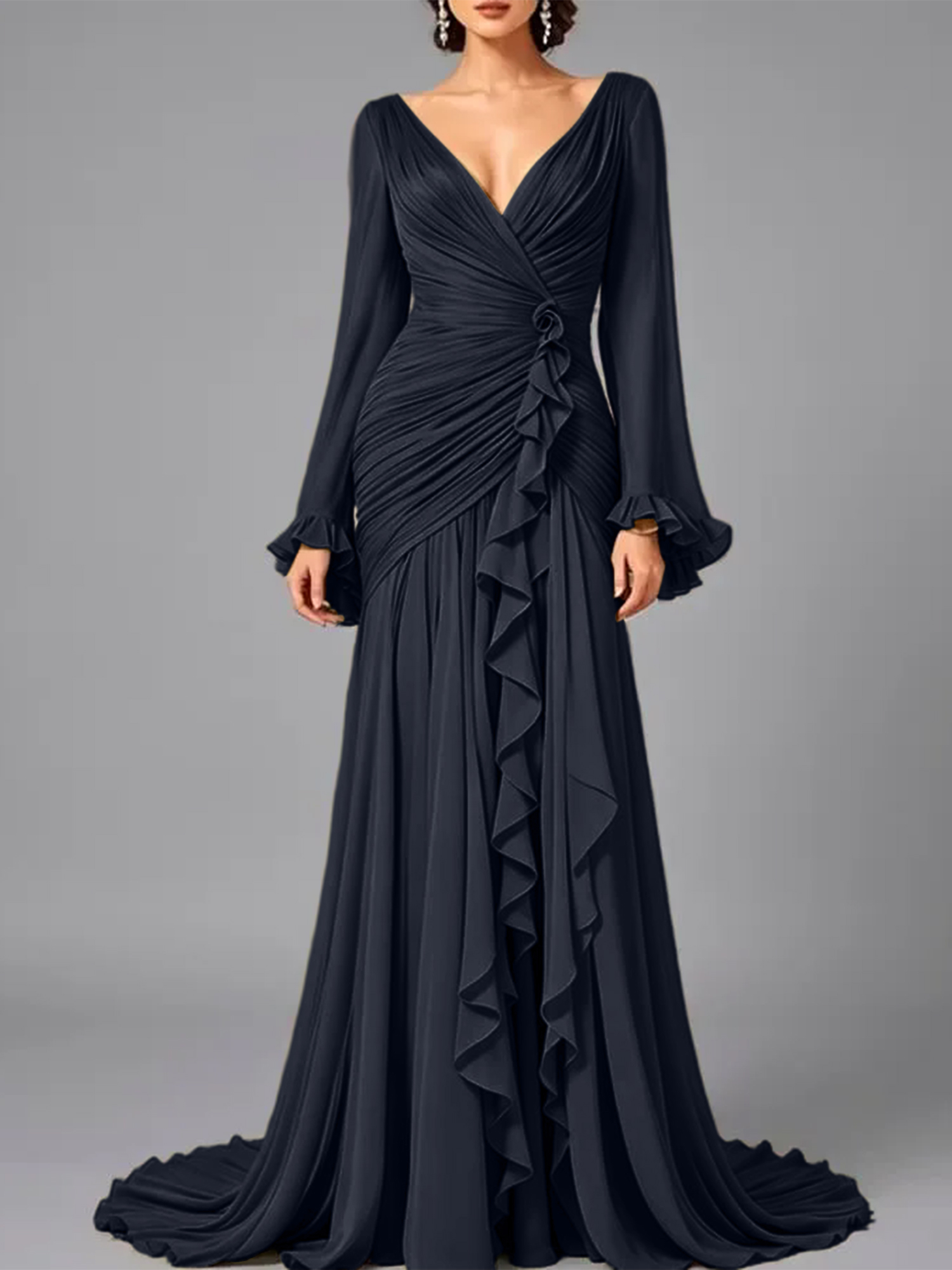 V-Neck Sheer Long Sleeve Ruffled Chiffon Dress