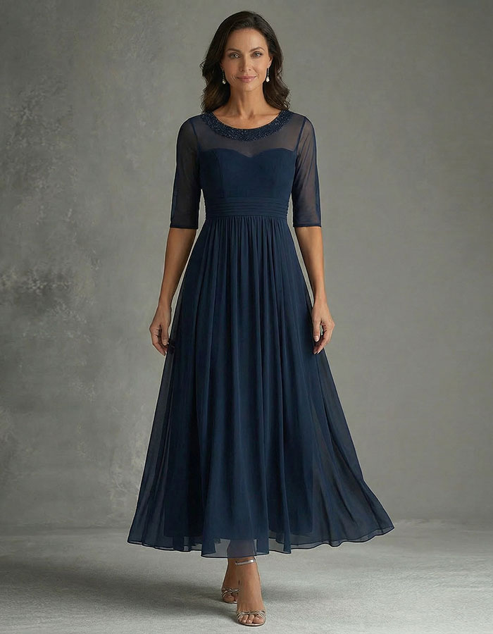 Navy Blue Mesh Sequined Waist Maxi Dress