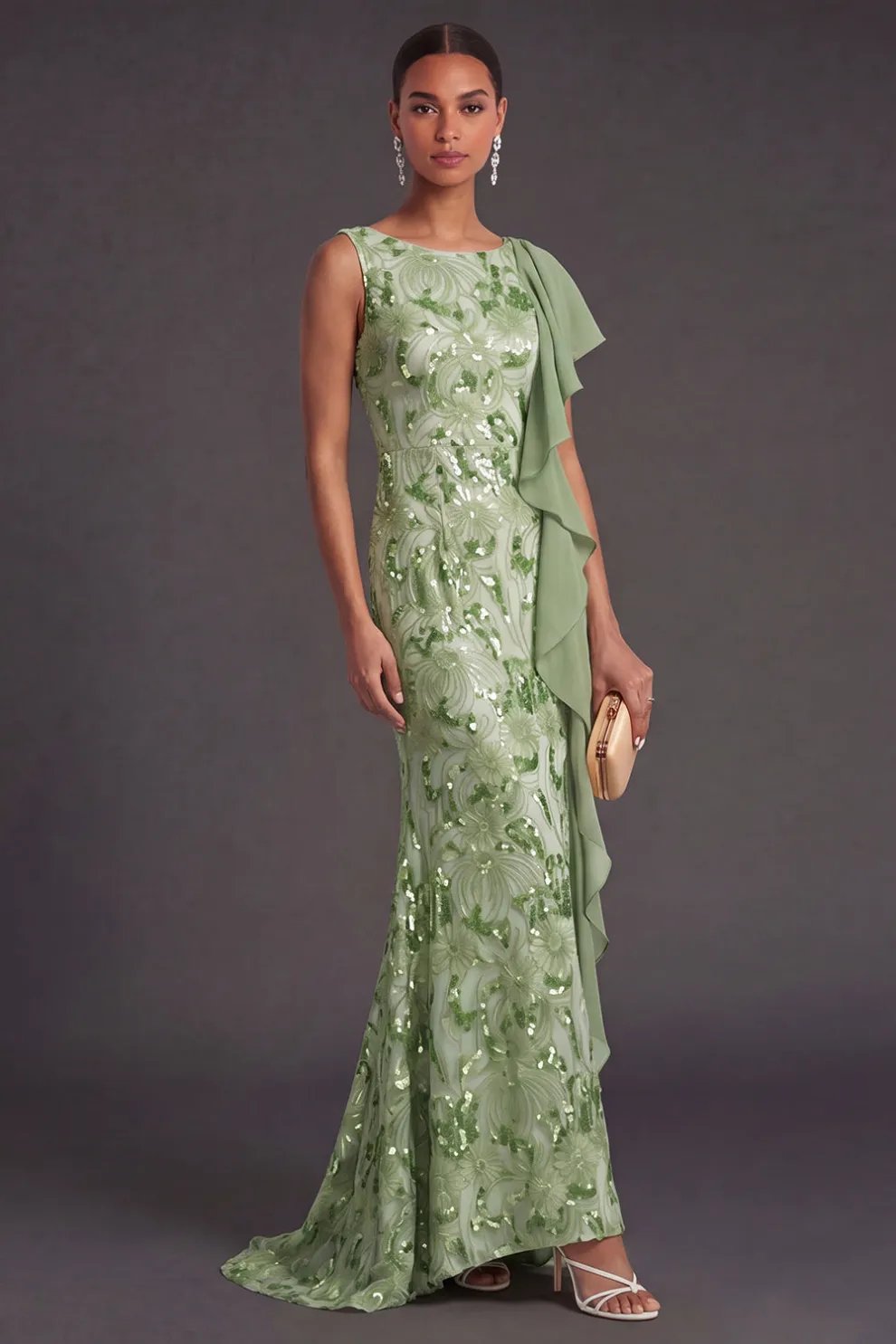 Green Sparkly Sequined Mermaid Boat Neck Maxi Dress