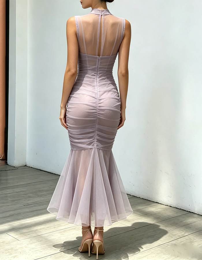 Lavender High-Neck Ruched Chiffon Midi Mermaid Dress