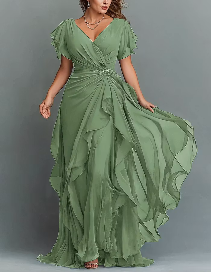 Solid Color V-neck Ruffled Chiffon Maxi Dress