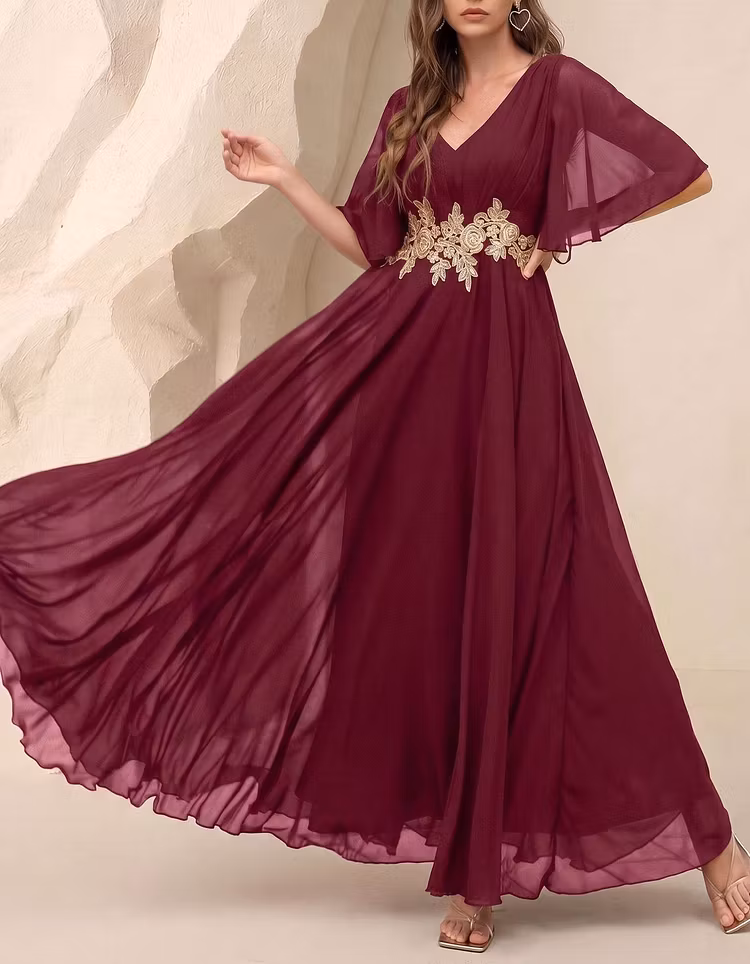 V-Neck Floral Lace Embroidered Chiffon A-Line Maxi Dress