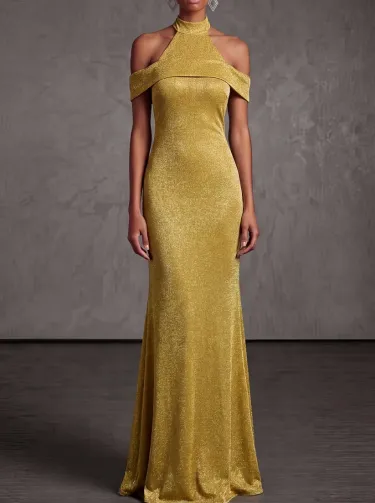 Gold Formal Evening Dress Cold Shoulder Mermaid Maxi Dress