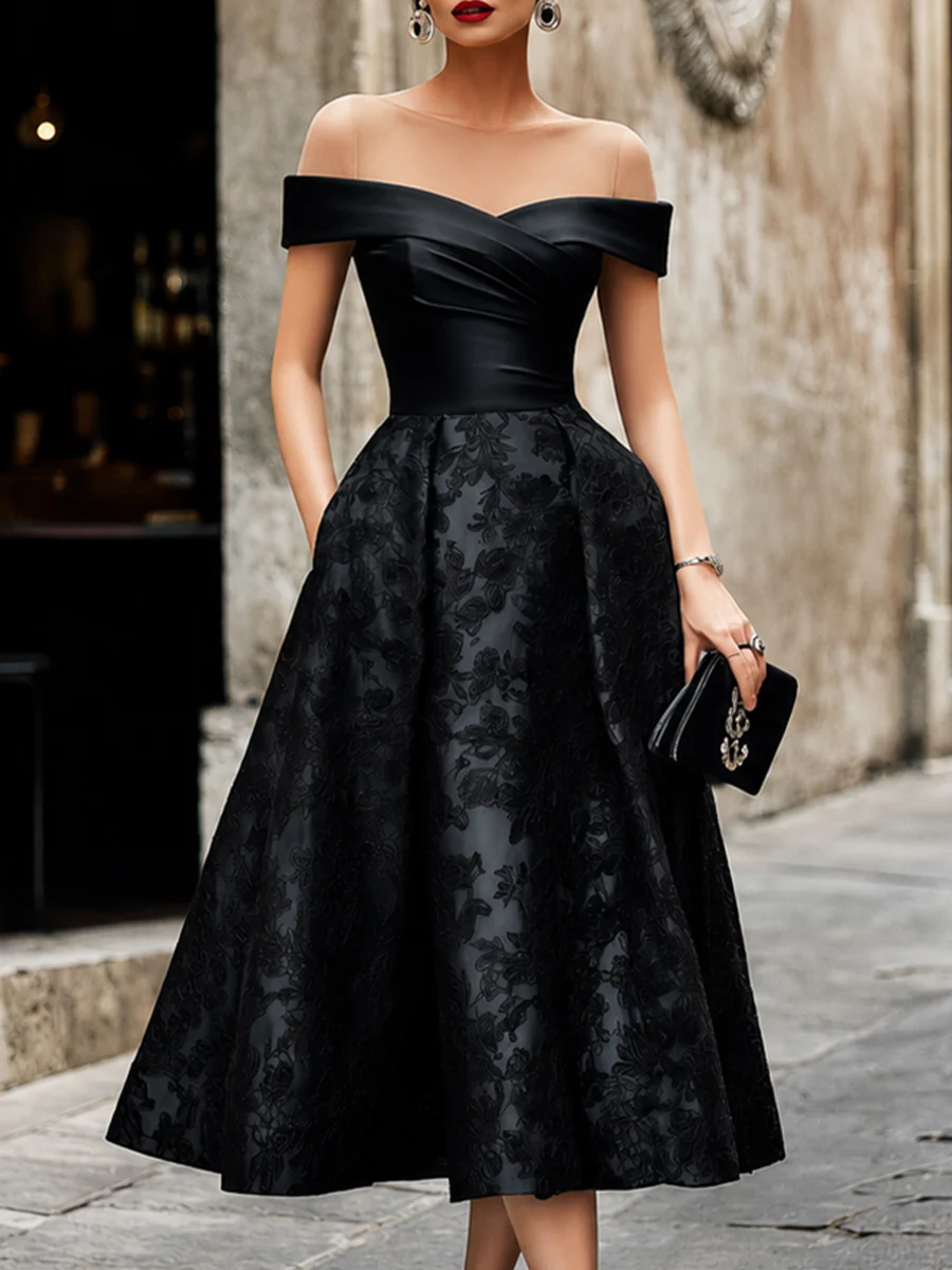 Elegant Off-the-Shoulder Wrap Bodice Floral Jacquard Midi Dress