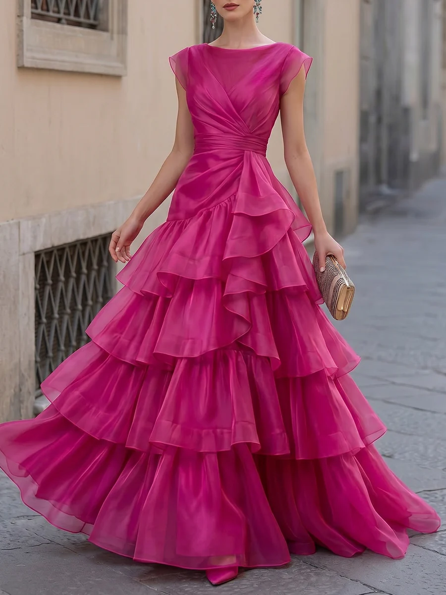 Sheer Organza Layered Ruffle Maxi Dress