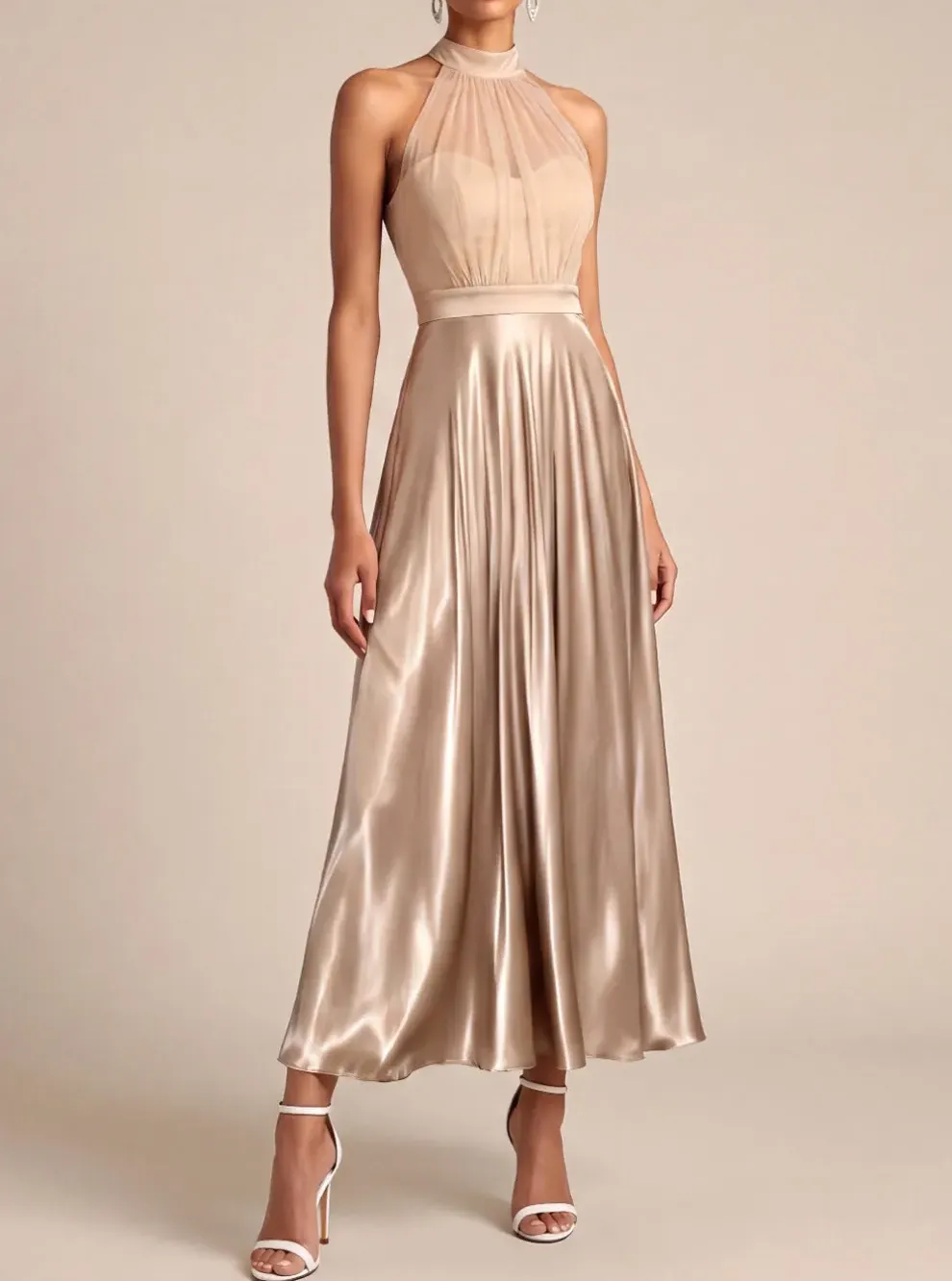 Champagne Halter Neck Sheer Mesh Satin Midi Dress