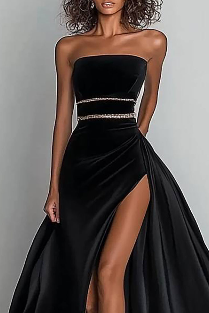 Formal Evening Satin Dress Black Strapless High Slit Maxi Gown