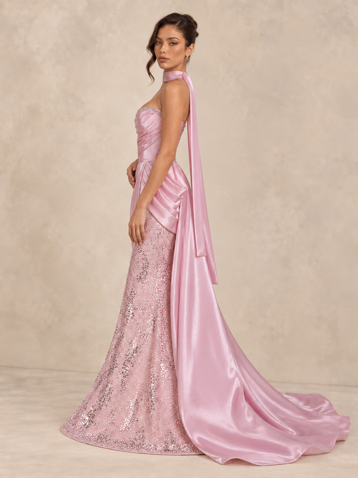 Satin Sequin Mermaid Corset Pleated Prom Dress with Scarf